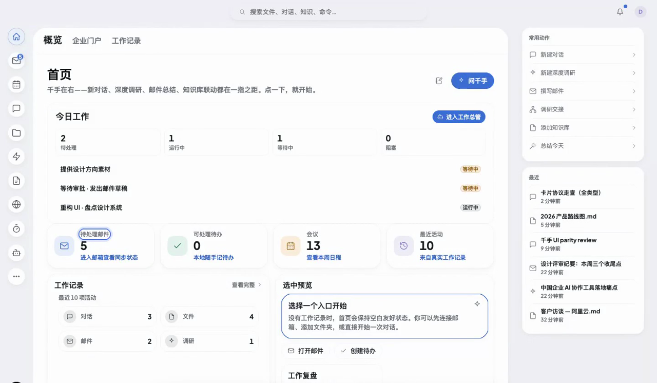 千手桌面首页：今日工作、待处理邮件、会议和最近动向——工作本身就是首页